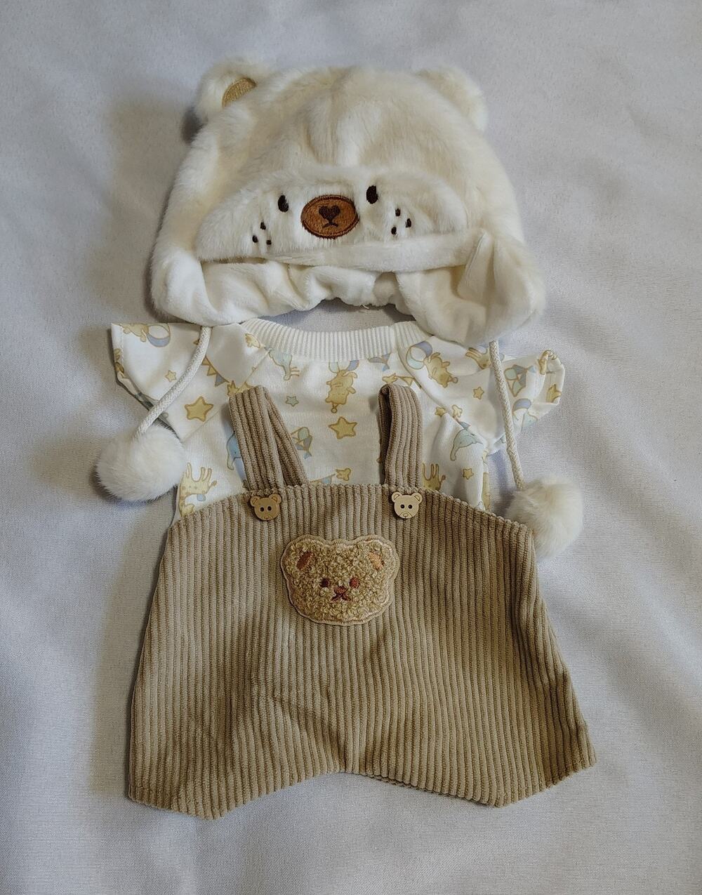 3-piece Teddy Bear/Doll clothing set plush hat woth ears, corduroy overalls